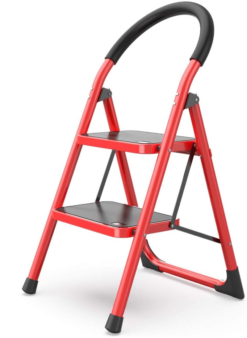 Robustline Home Purpose Ladder - 2 Steps Foldable Step Ladder with Rubber Handgrip and Non-Slip Treads, 150 kgs Weight Capacity- Red