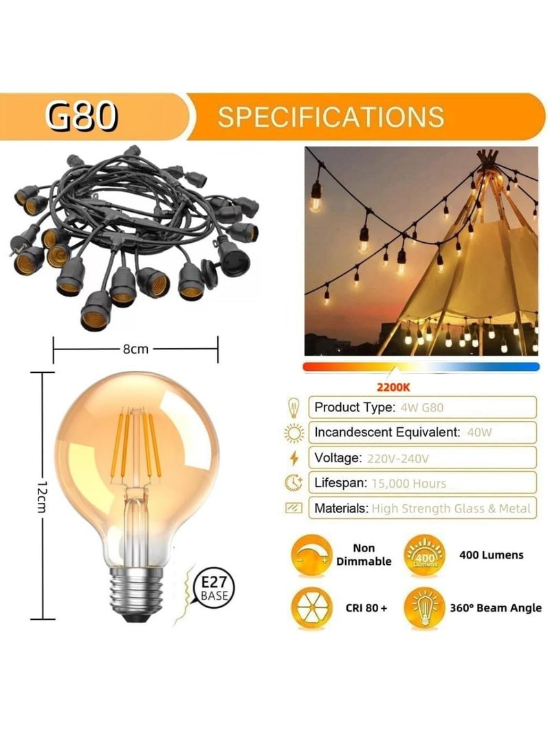 Outdoor Waterproof IP65 Led String Lights E27 Holder 100 Meter Bulb Holder Wire With 200 Bulbs 4W G80 Amber With EU Plug Solar Bulb Holder For Ramadan Decoration Lights And Outdoor Decoration Light Hanging Light String Wire Ramadan Light For Commercial Patio Garden & Porch Yard