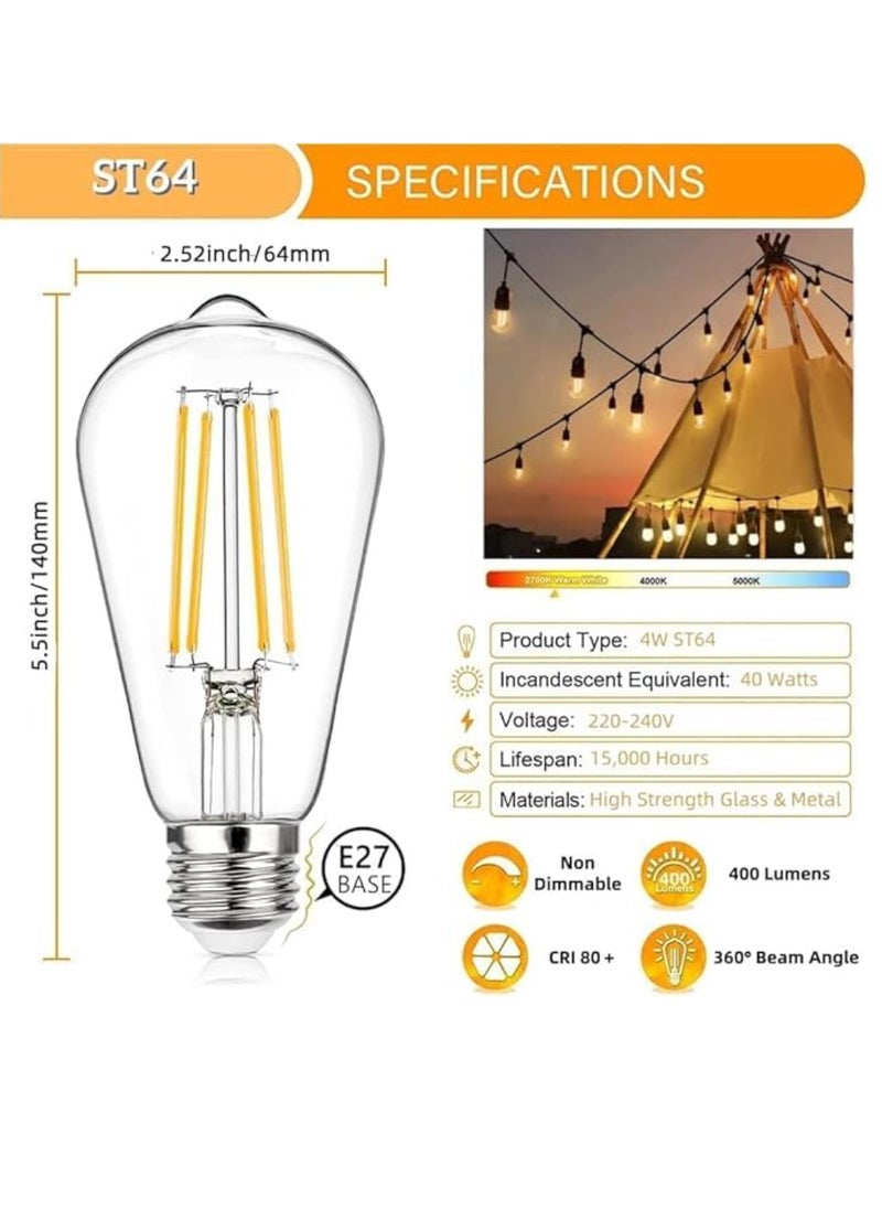 Outdoor Waterproof IP65 Led String Lights E27 Holder 100 Meter Bulb Holder Wire With 200 Bulbs 4W ST64 Clear With EU Plug Solar Bulb Holder For Ramadan Decoration Lights And Outdoor Decoration Light Hanging Light String Wire Ramadan Light For Commercial Patio Garden & Porch Yard