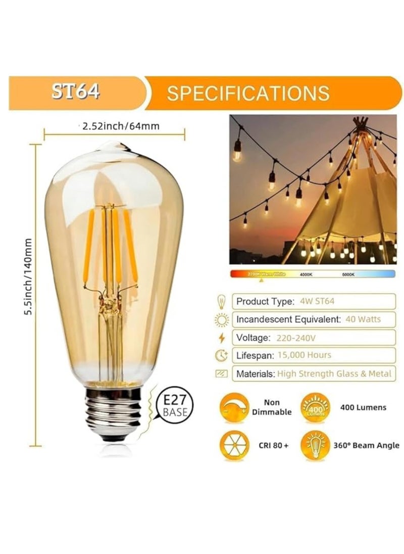 Outdoor Waterproof IP65 Led String Lights E27 Holder 100 Meter Bulb Holder Wire With 200 Bulbs 4W ST64 Amber With EU Plug Solar Bulb Holder For Ramadan Decoration Lights And Outdoor Decoration Light Hanging Light String Wire Ramadan Light For Commercial Patio Garden & Porch Yard