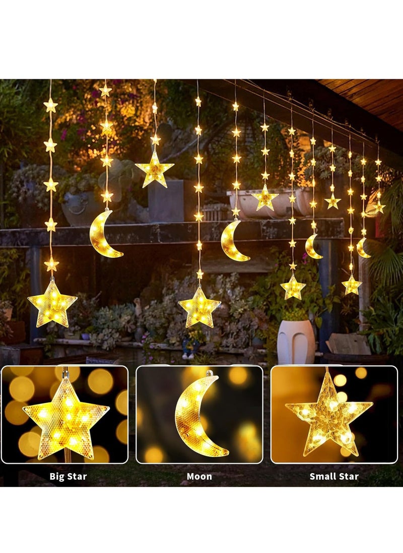 Star Moon Curtain Ramadan Decor Lights,Battery Case Powered Flake design Curtain String Waterproof Fairy Lights with Remote, Battery