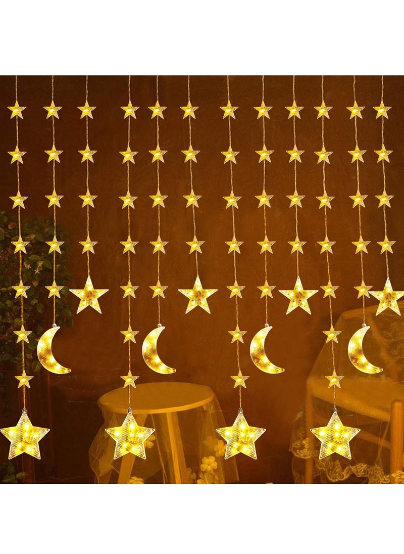 Star Moon Curtain Ramadan Decor Lights,Battery Case Powered Flake design Curtain String Waterproof Fairy Lights with Remote, Battery