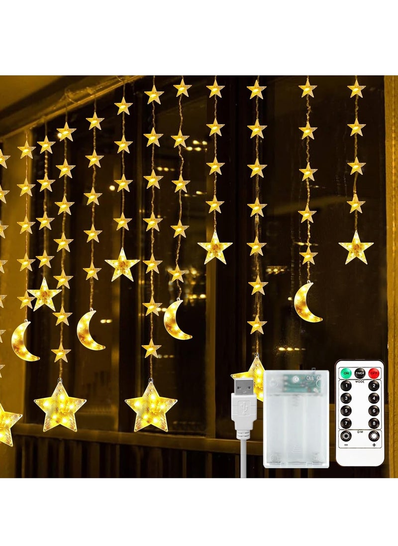 Star Moon Curtain Ramadan Decor Lights,Battery Case Powered Flake design Curtain String Waterproof Fairy Lights with Remote, Battery