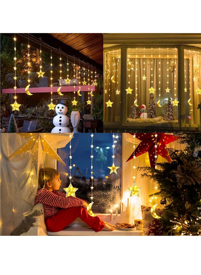 Star Moon Curtain Ramadan Decor Lights,Battery Case Powered Flake design Curtain String Waterproof Fairy Lights with Remote, Battery