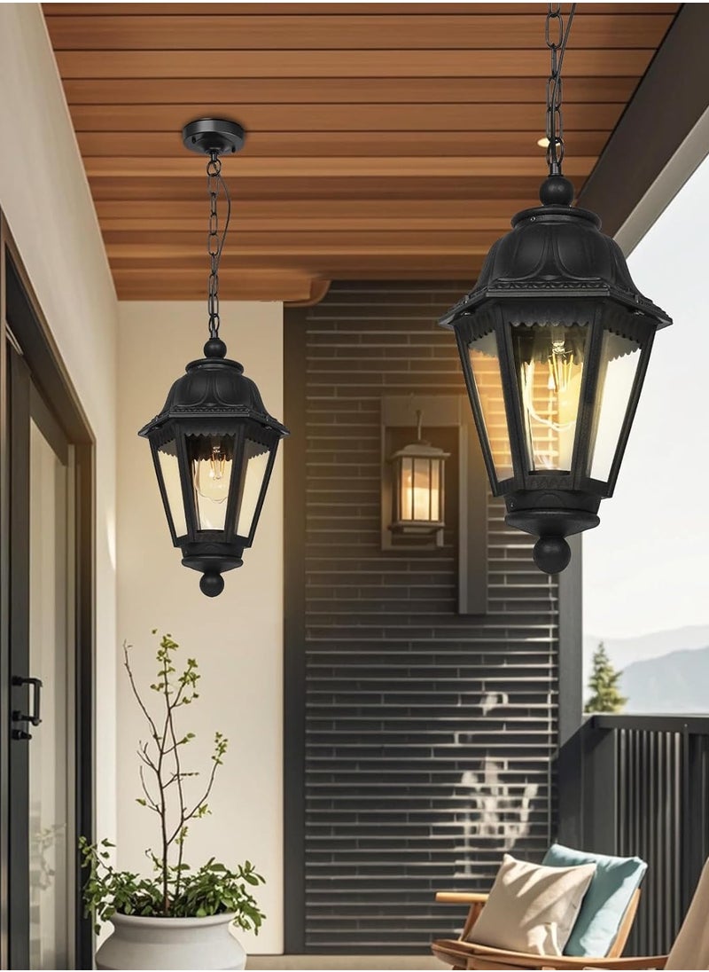 Modern Black Pendant Light Fixture, Farmhouse Exterior Hanging Lights with Adjustable Chain, Black Ceiling Hanging Lanterns with Clear Lampshade for Porch, Yard, Gazebo, Entryway