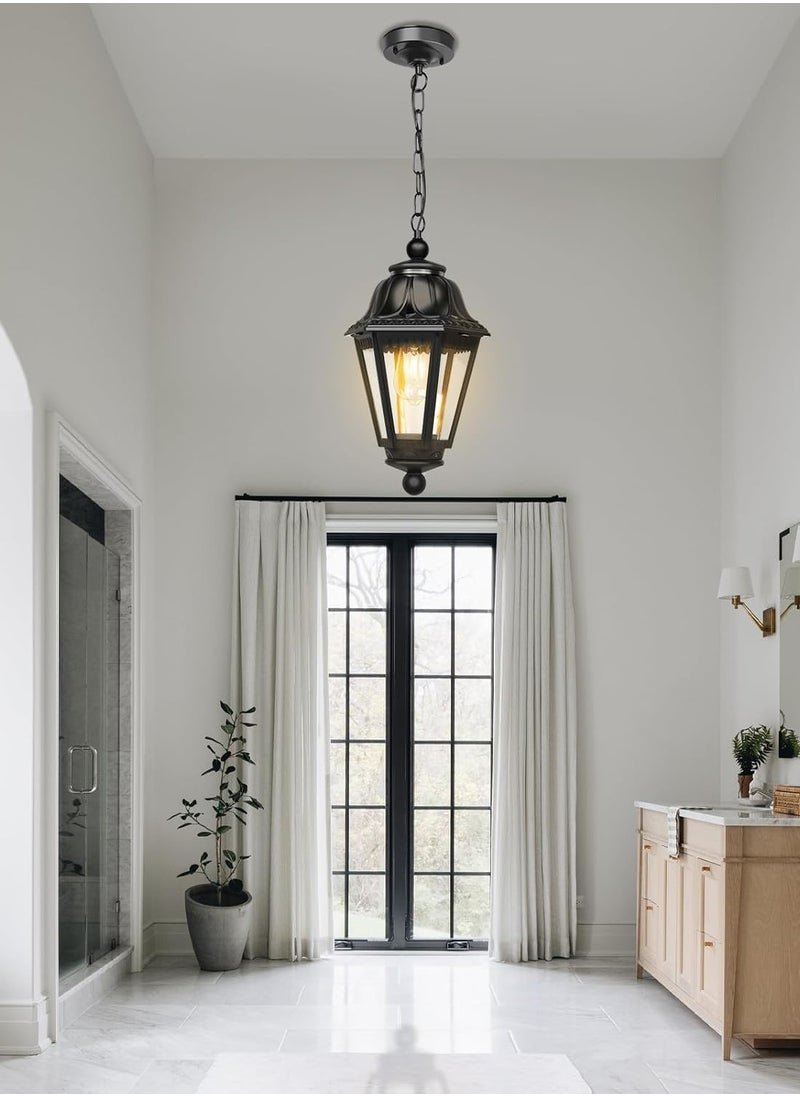 Modern Black Pendant Light Fixture, Farmhouse Exterior Hanging Lights with Adjustable Chain, Black Ceiling Hanging Lanterns with Clear Lampshade for Porch, Yard, Gazebo, Entryway