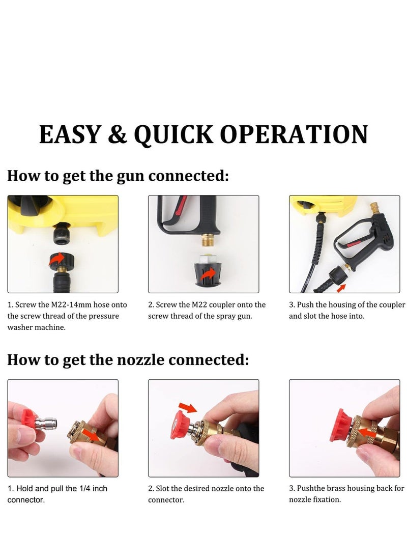 4000 PSI Pressure Washer Gun with 5 Interchangeable Spray Nozzles, Jet Washing Gun with one quarter Inch Quick Connection and M22 Coupling