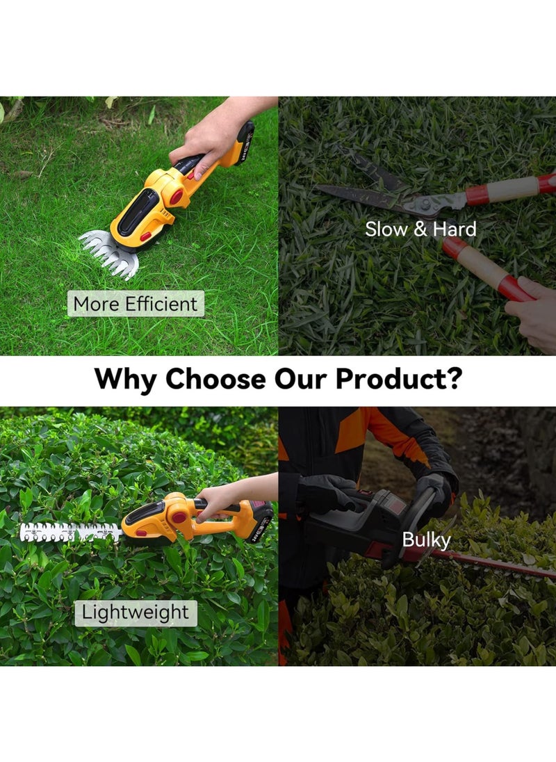 Cordless Handheld Hedge Trimmer with Lithium Battery, Mini Electric Hedge Shears & Lawn Mower, Dual-Function Grass and Branch Trimmer, 9-Inch Hedge Blade & 4.7-Inch Lawn Shear, IP67 Waterproof, Durable ABS Shell, Anti-Slip Handle, UK Plug