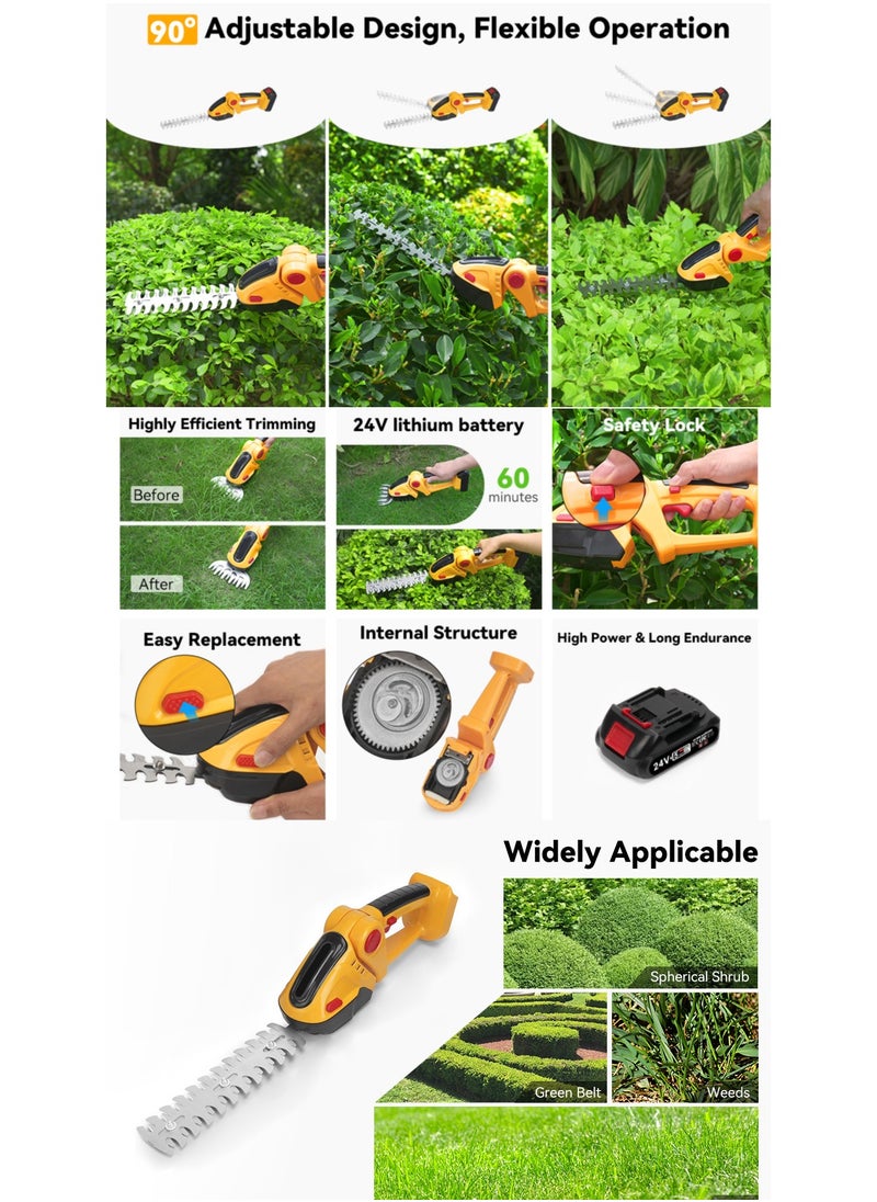 Cordless Handheld Hedge Trimmer with Lithium Battery, Mini Electric Hedge Shears & Lawn Mower, Dual-Function Grass and Branch Trimmer, 9-Inch Hedge Blade & 4.7-Inch Lawn Shear, IP67 Waterproof, Durable ABS Shell, Anti-Slip Handle, UK Plug