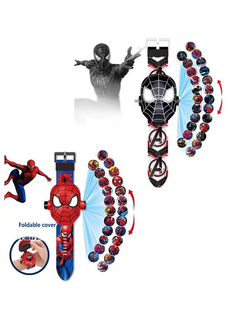 2Pcs Kids Watch with 24 Spiderman Projection Patterns Cartoons Kids Digital Wrist Watch Toys with Adjustable Strap Projector Watch（Black and Red）