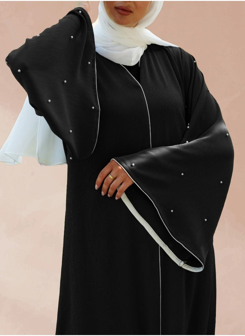 Black Bell-Sleeve Abaya with White Contrast & Handwork