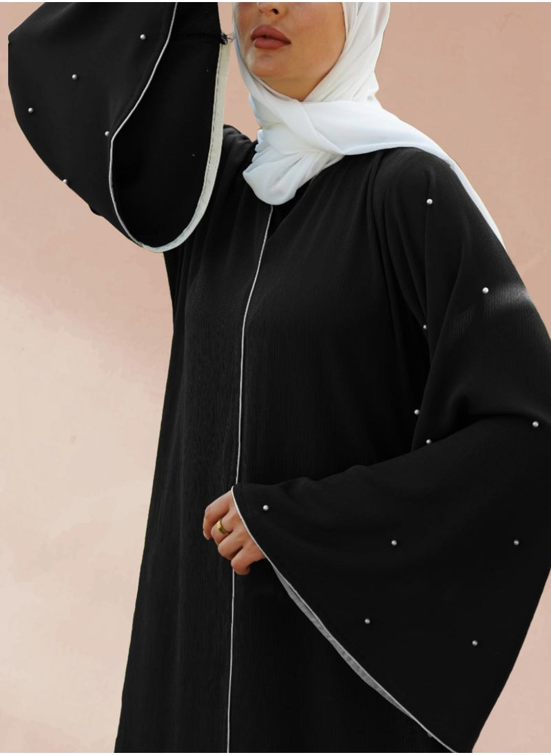 Black Bell-Sleeve Abaya with White Contrast & Handwork