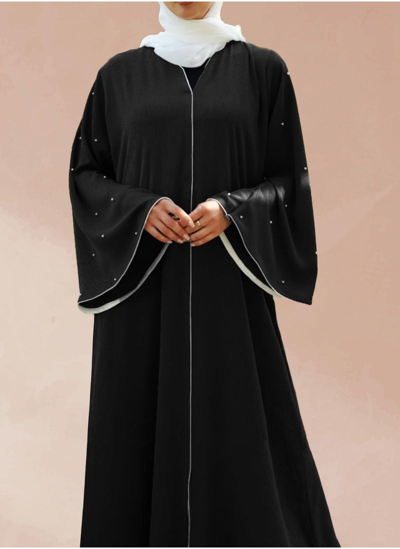 Black Bell-Sleeve Abaya with White Contrast & Handwork