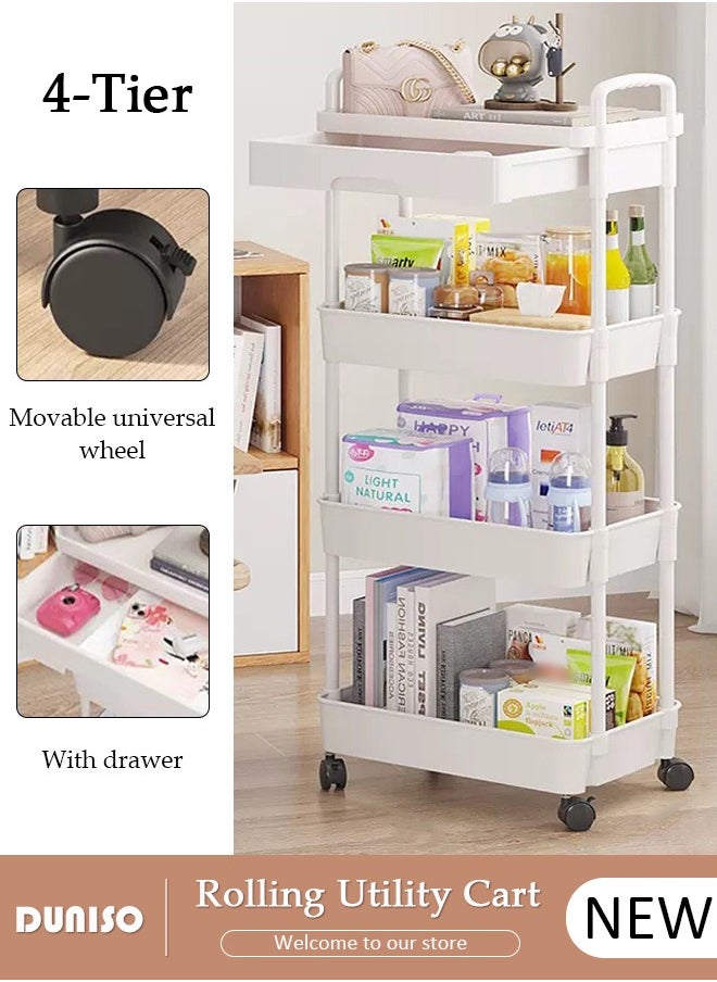 4-Tier Rolling Utility Cart with Drawer, Multifunctional Storage Organizer, Rolling Cart with Plastic Shelf & Metal Wheels,Storage Cart for Kitchen, Bathroom, Living Room, Office