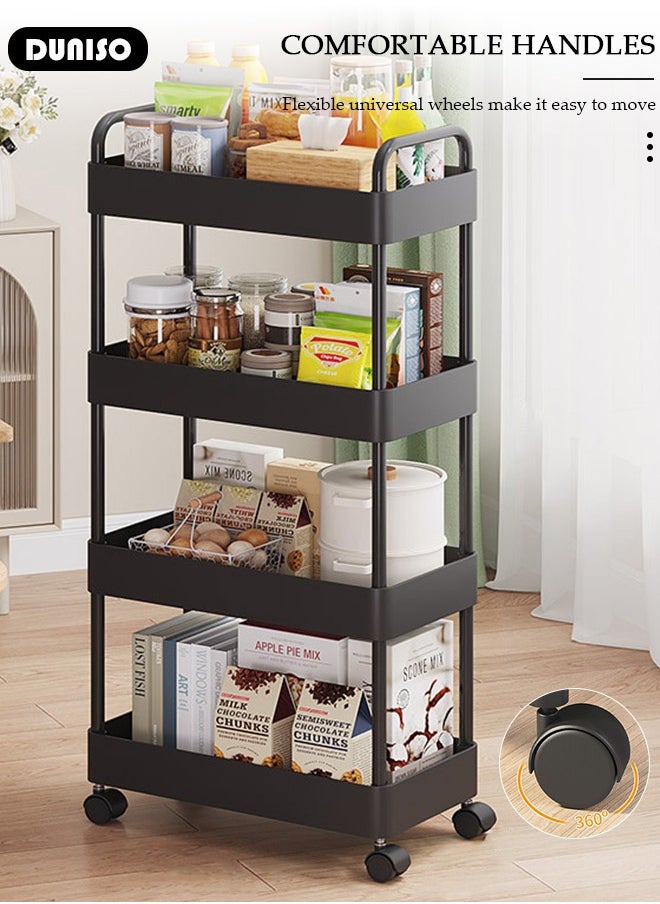 4 Tier Rolling Utility Cart Organizer,  Rolling Metal Storage Organizer,Mobile Utility Cart,Kitchen Trolley Cart,Mobile Shelving Unit For Kitchen, Bedroom, Bathroom, Office, Laundry Room And Garage