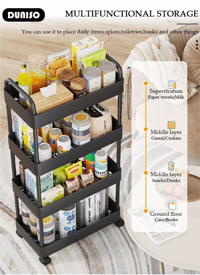 4 Tier Rolling Utility Cart Organizer,  Rolling Metal Storage Organizer,Mobile Utility Cart,Kitchen Trolley Cart,Mobile Shelving Unit For Kitchen, Bedroom, Bathroom, Office, Laundry Room And Garage