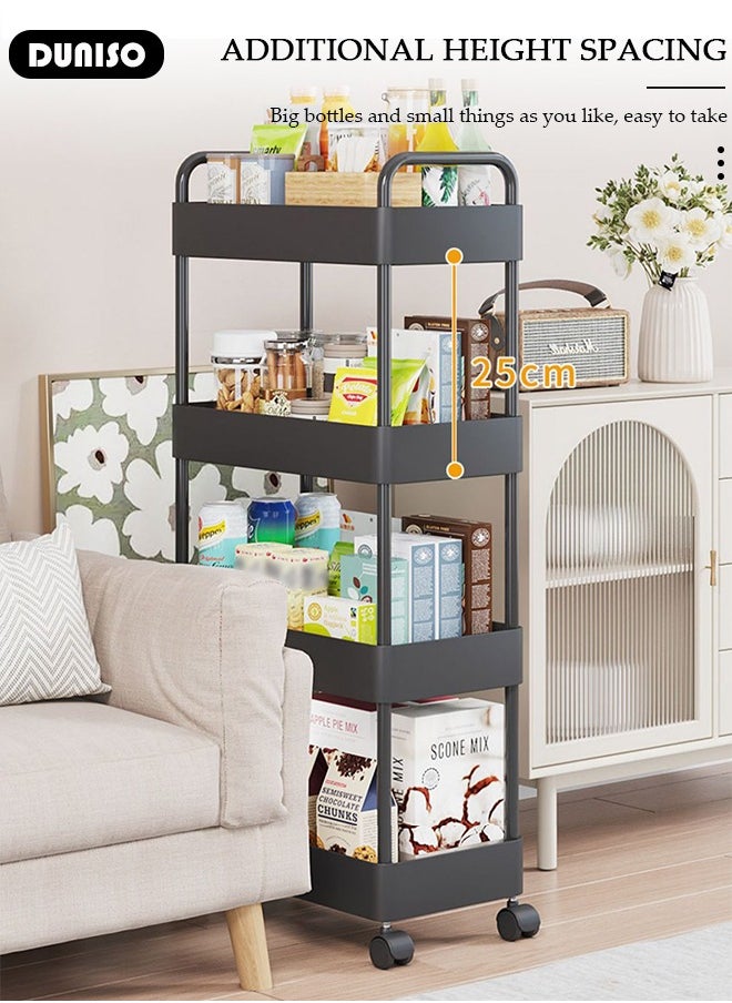 4 Tier Rolling Utility Cart Organizer,  Rolling Metal Storage Organizer,Mobile Utility Cart,Kitchen Trolley Cart,Mobile Shelving Unit For Kitchen, Bedroom, Bathroom, Office, Laundry Room And Garage