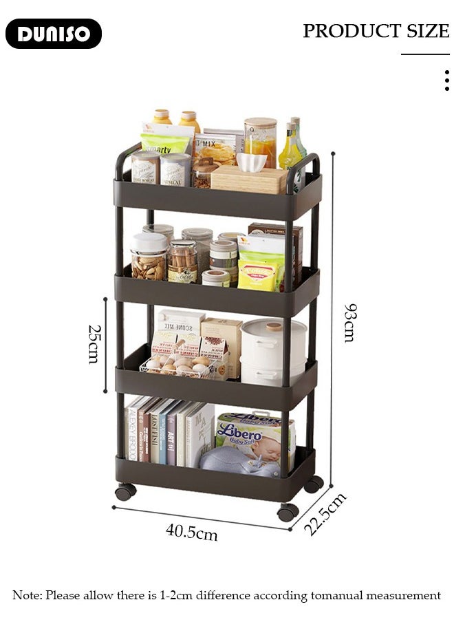 4 Tier Rolling Utility Cart Organizer,  Rolling Metal Storage Organizer,Mobile Utility Cart,Kitchen Trolley Cart,Mobile Shelving Unit For Kitchen, Bedroom, Bathroom, Office, Laundry Room And Garage