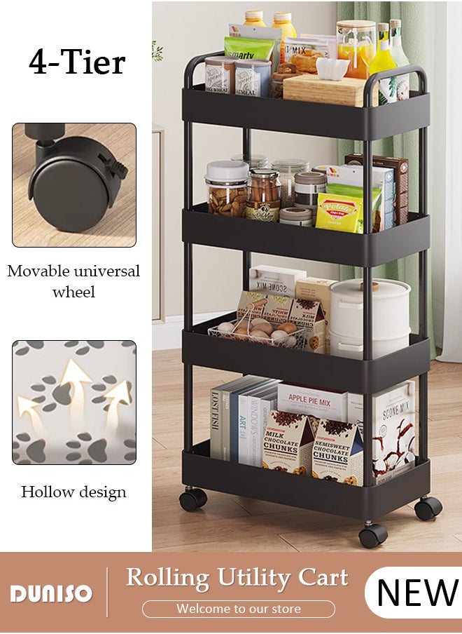 4 Tier Rolling Utility Cart Organizer,  Rolling Metal Storage Organizer,Mobile Utility Cart,Kitchen Trolley Cart,Mobile Shelving Unit For Kitchen, Bedroom, Bathroom, Office, Laundry Room And Garage