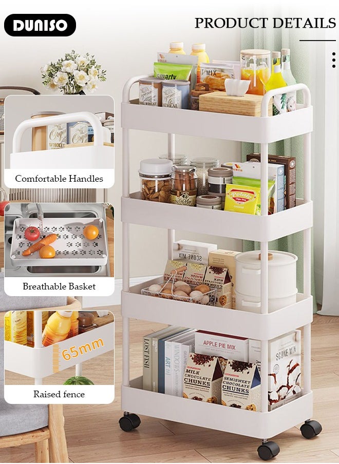 4 Tier Rolling Utility Cart Organizer,  Rolling Metal Storage Organizer,Mobile Utility Cart,Kitchen Trolley Cart,Mobile Shelving Unit For Kitchen, Bedroom, Bathroom, Office, Laundry Room And Garage