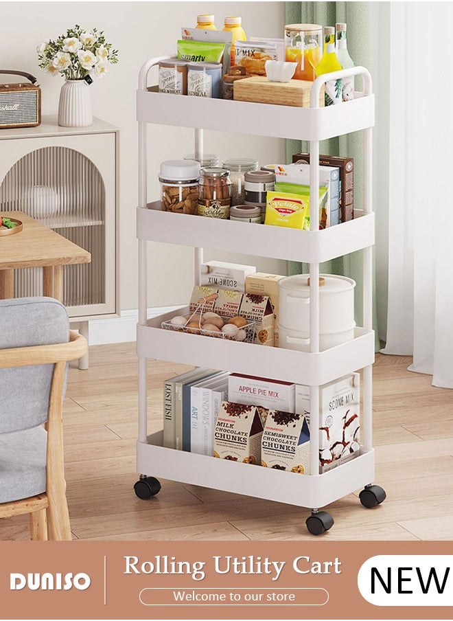 4 Tier Rolling Utility Cart Organizer,  Rolling Metal Storage Organizer,Mobile Utility Cart,Kitchen Trolley Cart,Mobile Shelving Unit For Kitchen, Bedroom, Bathroom, Office, Laundry Room And Garage