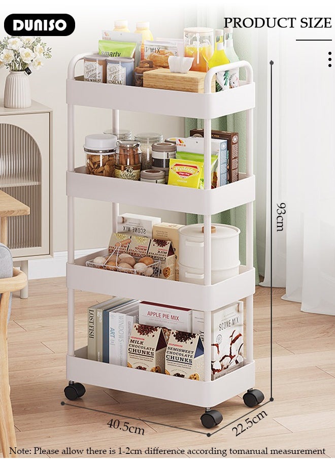 4 Tier Rolling Utility Cart Organizer,  Rolling Metal Storage Organizer,Mobile Utility Cart,Kitchen Trolley Cart,Mobile Shelving Unit For Kitchen, Bedroom, Bathroom, Office, Laundry Room And Garage