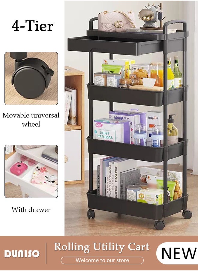 4-Tier Rolling Utility Cart with Drawer, Multifunctional Storage Organizer, Rolling Cart with Plastic Shelf & Metal Wheels,Storage Cart for Kitchen, Bathroom, Living Room, Office