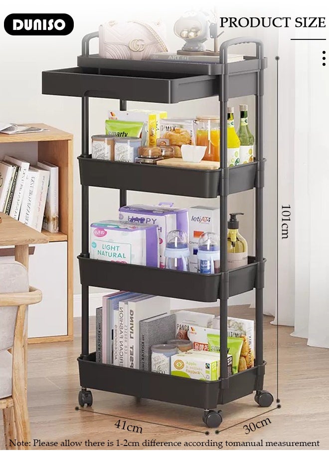 4-Tier Rolling Utility Cart with Drawer, Multifunctional Storage Organizer, Rolling Cart with Plastic Shelf & Metal Wheels,Storage Cart for Kitchen, Bathroom, Living Room, Office