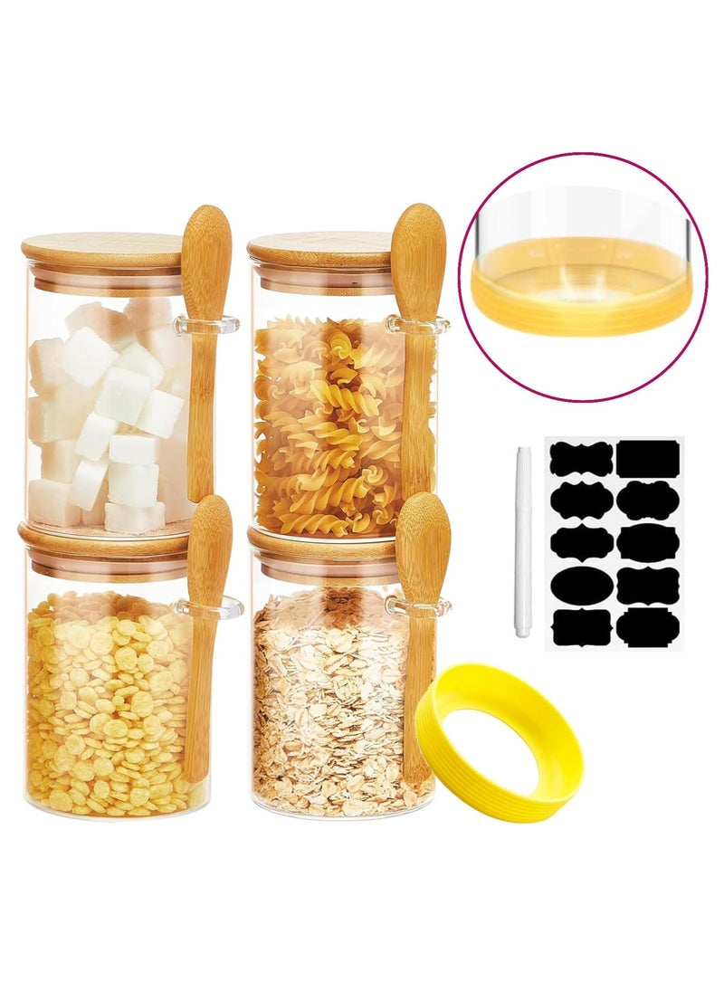 Glass Storage Jar (4 Pcs) with Bamboo Lids and bamboo Spoon, Airtight Food Jars Kitchen Food Storage Containers with Scoop For Serving Tea, Coffee, Flour, Sugar, Spice - 4pcs with Spoon