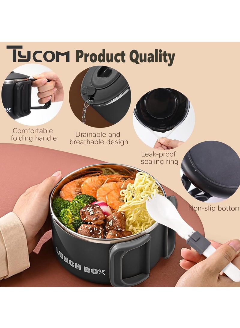 Stainless Steel Lunch Box for Kid School Insulated Bento Lunch Box Lunch Containers with Lids Foldable Handle Leakproof BFA Free Dishwasher Safe Round Black.