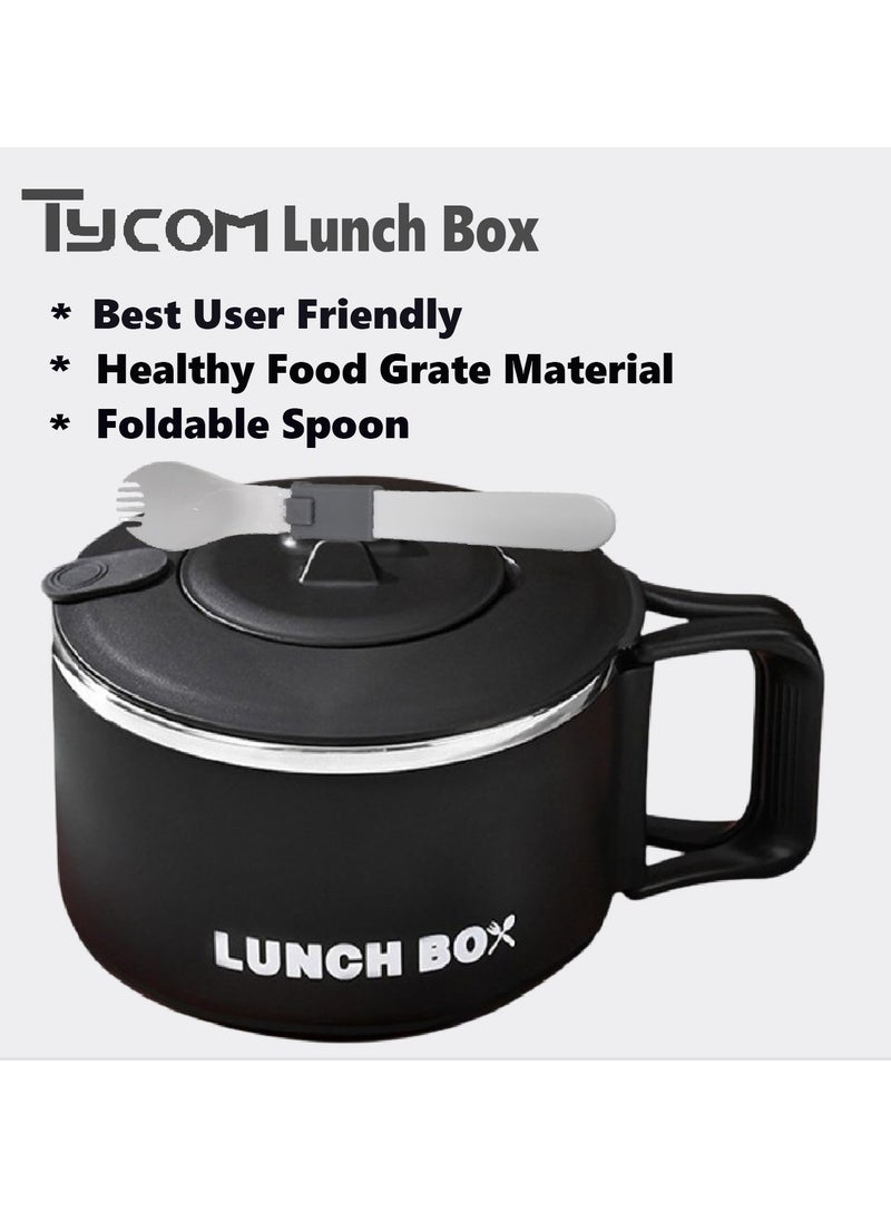 Stainless Steel Lunch Box for Kid School Insulated Bento Lunch Box Lunch Containers with Lids Foldable Handle Leakproof BFA Free Dishwasher Safe Round Black.