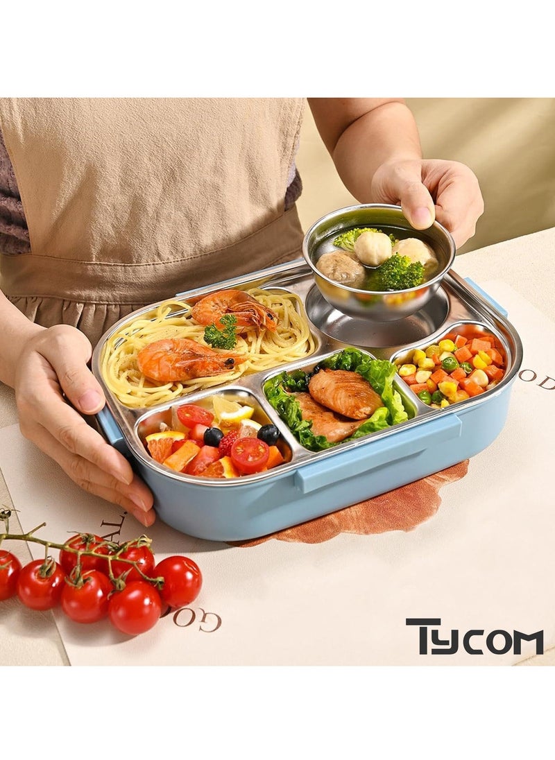 Stainless Steel Lunch Box for Kid School Insulated Bento Lunch Box 4 Compartment Divided Lunch Containers with Lids Leakproof BFA Free Dishwasher Safe Bear Blue.