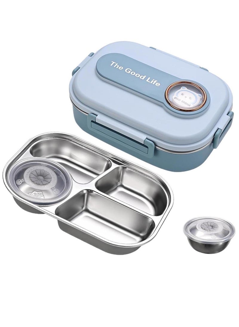 Stainless Steel Lunch Box for Kid School Insulated Bento Lunch Box 4 Compartment Divided Lunch Containers with Lids Leakproof BFA Free Dishwasher Safe Bear Blue.