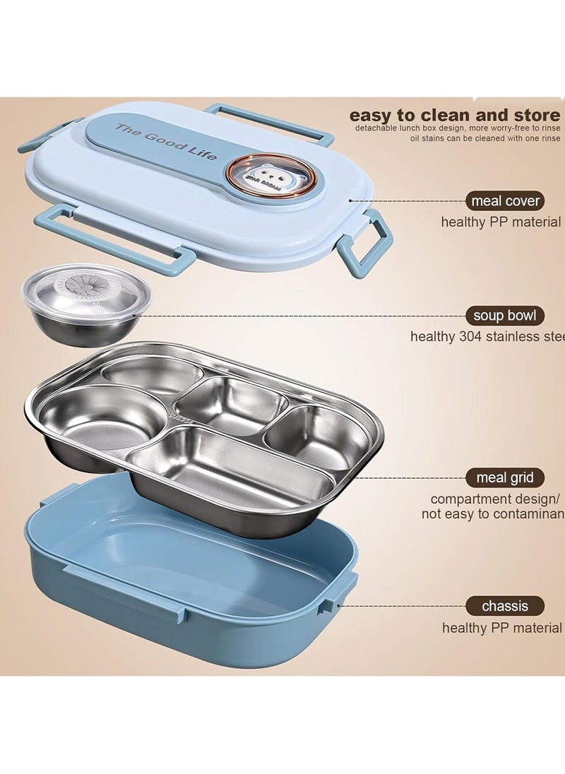 Stainless Steel Lunch Box for Kid School Insulated Bento Lunch Box 4 Compartment Divided Lunch Containers with Lids Leakproof BFA Free Dishwasher Safe Bear Blue.