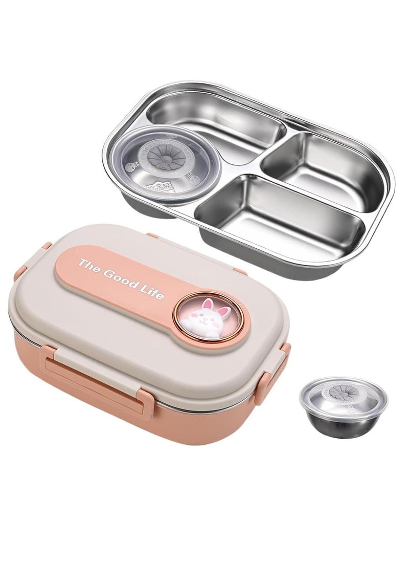 Stainless Steel Lunch Box for Kid School Insulated Bento Lunch Box 4 Compartment Divided Lunch Containers with Lids Leakproof BFA Free Dishwasher Safe Rabit Pink.