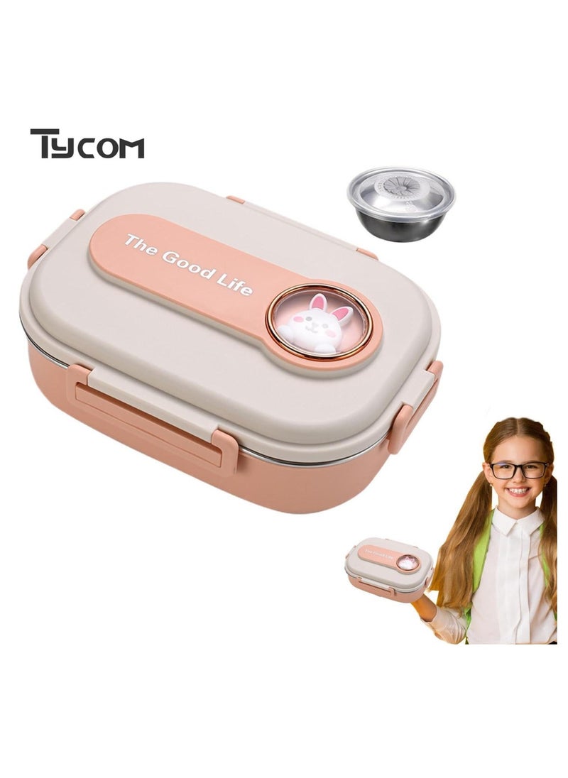 Stainless Steel Lunch Box for Kid School Insulated Bento Lunch Box 4 Compartment Divided Lunch Containers with Lids Leakproof BFA Free Dishwasher Safe Rabit Pink.