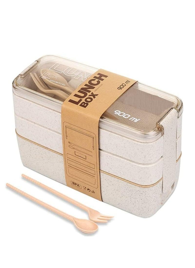 Bento Box with Cutlery Set – 3-Compartment Japanese Lunch Box, Microwave & Dishwasher Safe(Beige)