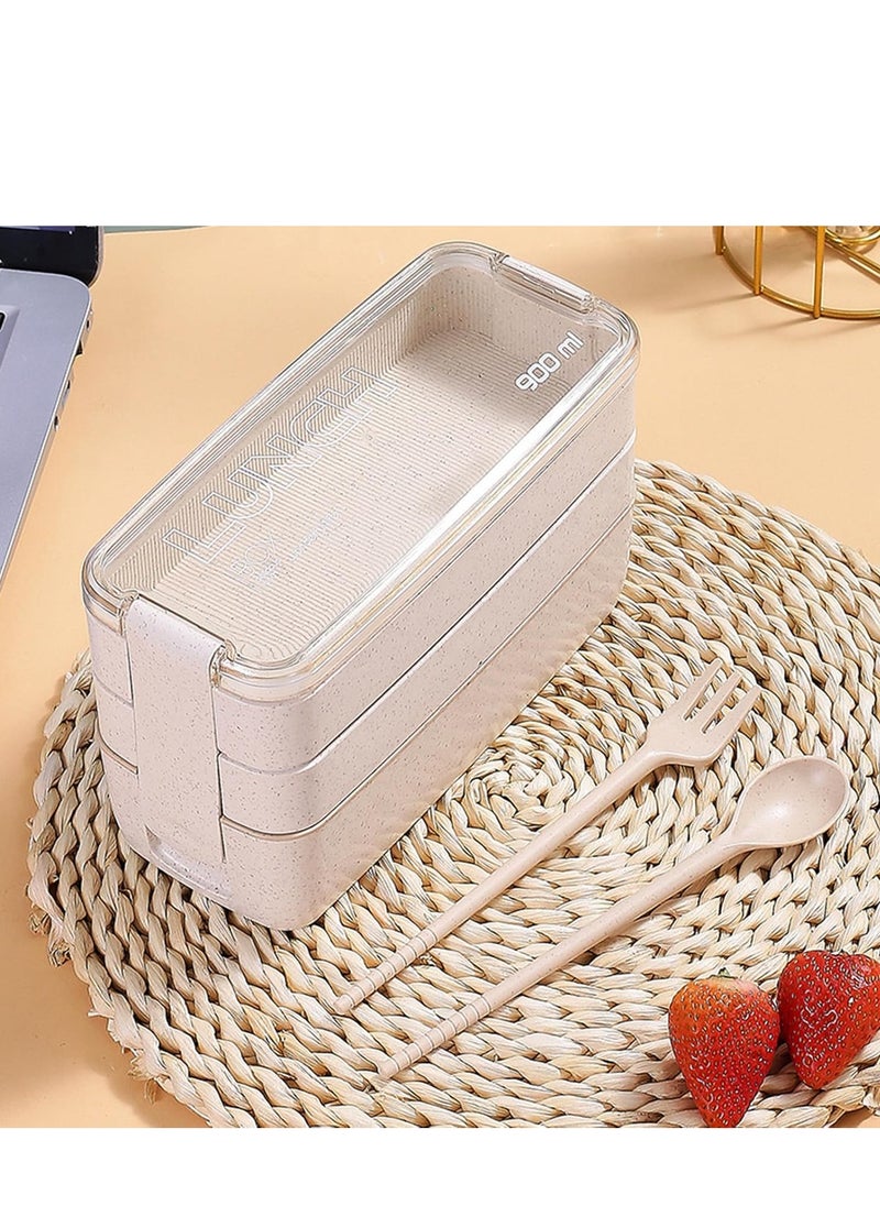 Bento Box with Cutlery Set – 3-Compartment Japanese Lunch Box, Microwave & Dishwasher Safe(Beige)