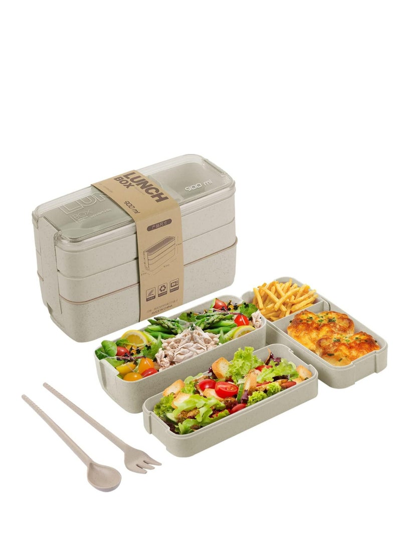 Bento Box with Cutlery Set – 3-Compartment Japanese Lunch Box, Microwave & Dishwasher Safe(Beige)