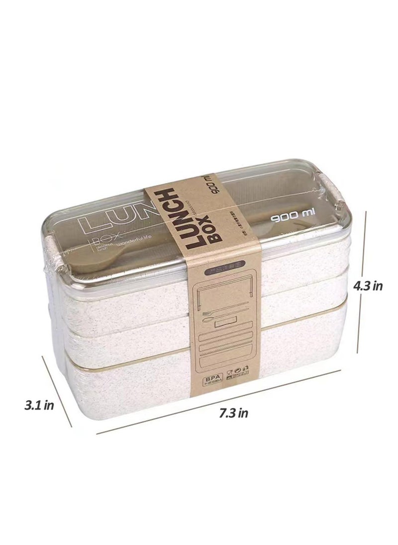 Bento Box with Cutlery Set – 3-Compartment Japanese Lunch Box, Microwave & Dishwasher Safe(Beige)