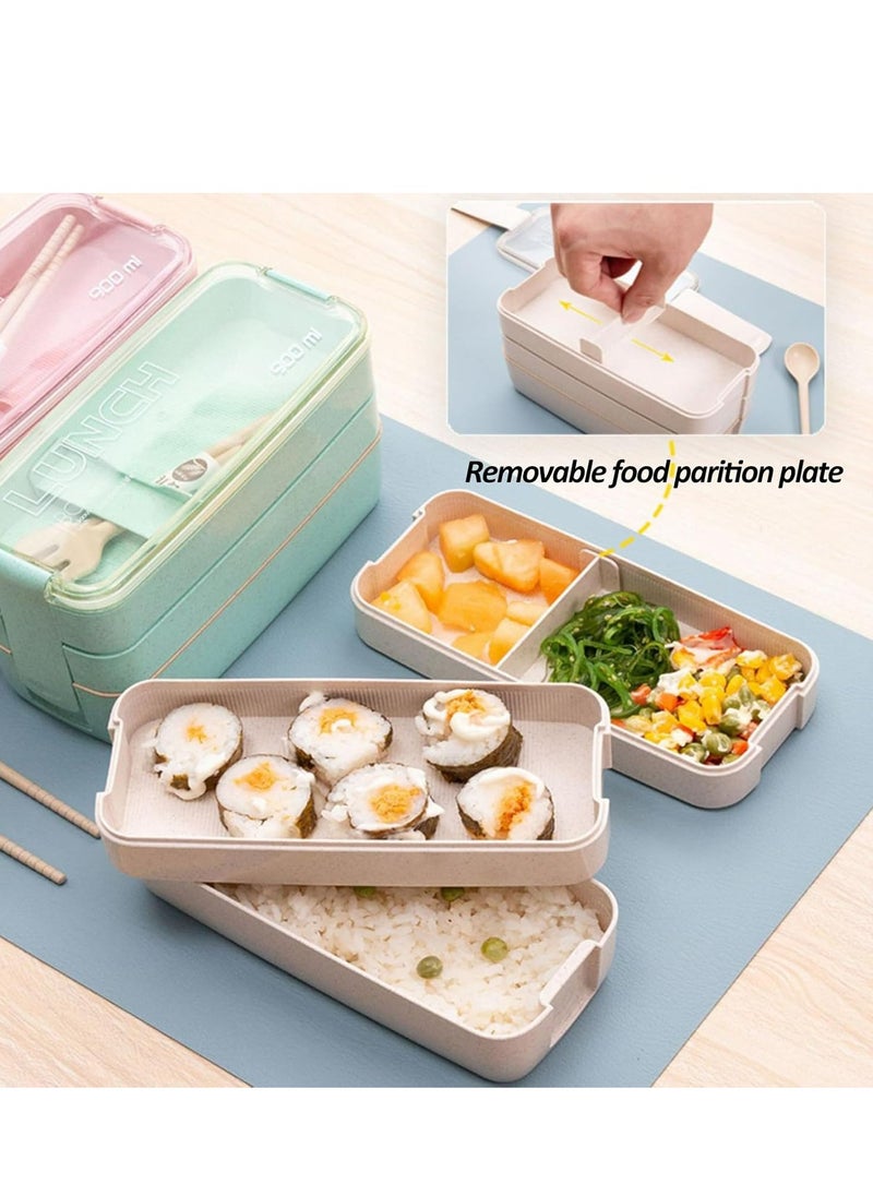 Bento Box with Cutlery Set – 3-Compartment Japanese Lunch Box, Microwave & Dishwasher Safe(Beige)