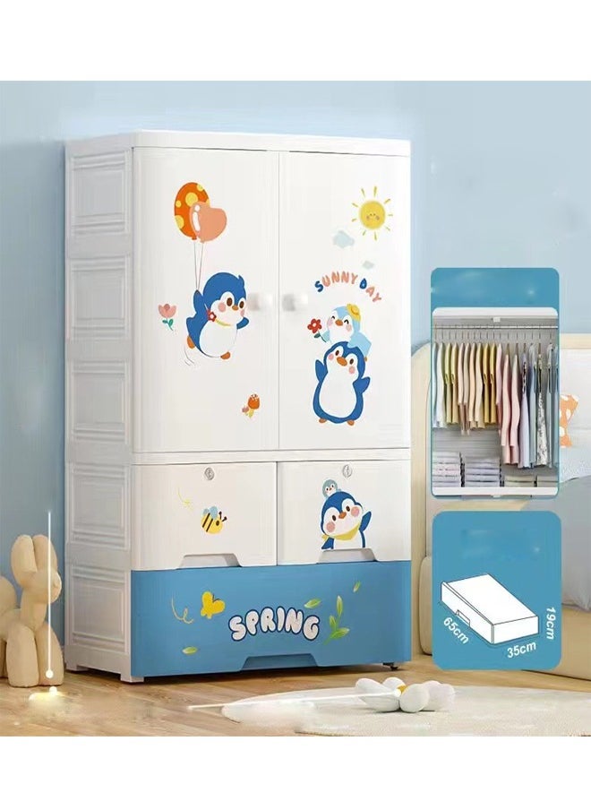 Penguin-Themed Wardrobe Cabinet with Hanging Space and Drawers - Sunny Day Design, 113 x 60 x 38 cm