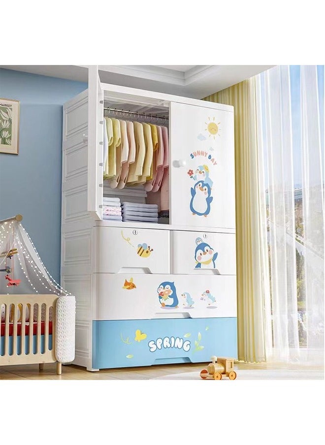 Penguin-Themed Wardrobe Cabinet with Hanging Space and Drawers - Sunny Day Design, 113 x 60 x 38 cm