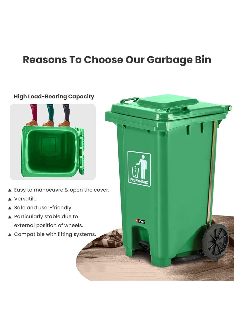 Hi-Care Plastic Garbage Bin 240 Litre with wheel and pedal - Heavy Duty Kitchen DustBin Outdoor Recycle Trash Can Large Industrial Waste bin Trash bin - Green (Center Pedal)