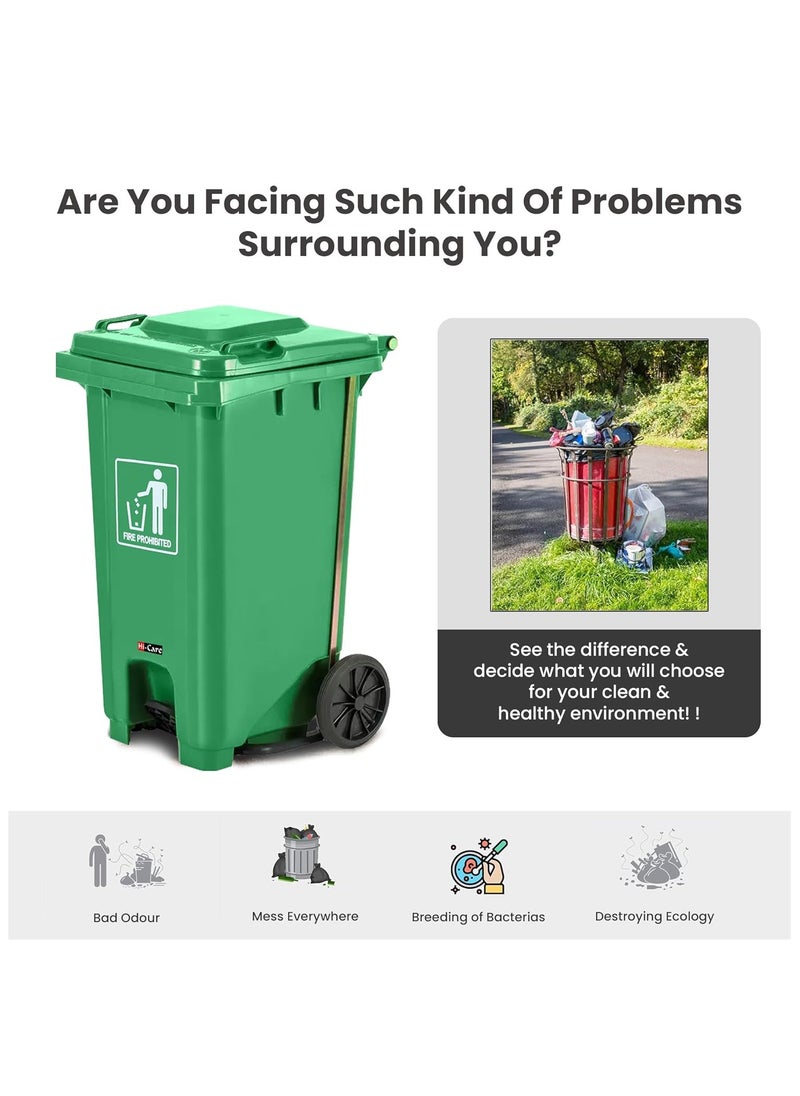 Hi-Care Plastic Garbage Bin 240 Litre with wheel and pedal - Heavy Duty Kitchen DustBin Outdoor Recycle Trash Can Large Industrial Waste bin Trash bin - Green (Center Pedal)