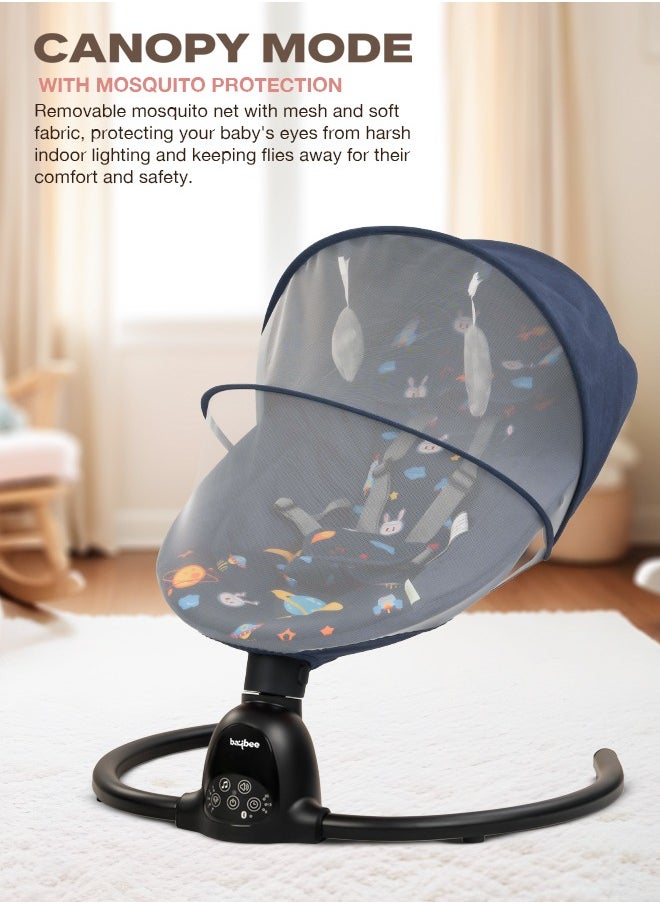 Baybee Automatic Electric Baby Swing Cradle for Baby with Adjustable Swing Speed, Recline & Soothing Music, Baby Rocker with Mosquito Net, Safety Belt & Hanging Toys, Electric Swing for Baby Dark Blue