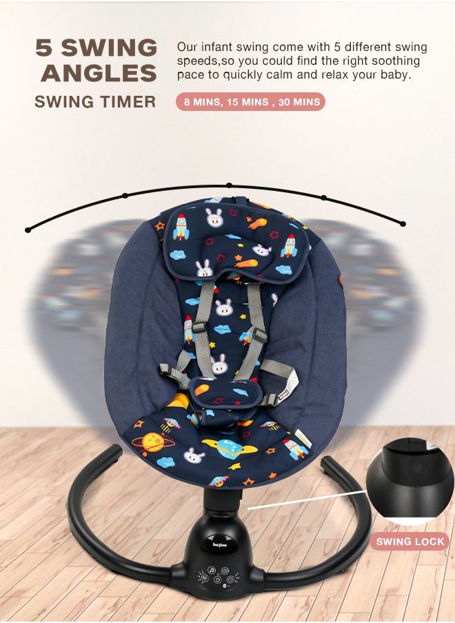 Baybee Automatic Electric Baby Swing Cradle for Baby with Adjustable Swing Speed, Recline & Soothing Music, Baby Rocker with Mosquito Net, Safety Belt & Hanging Toys, Electric Swing for Baby Dark Blue