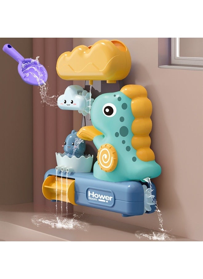 5Piece Bath Toy Set Dinosaur Waterfall Cartoon Shark Fishing Net with 3-Piece Silicone Fish Toys Mechanical Mold Free Bath Time Toy Bathroom Wall Bathtub Tub Shower Gift