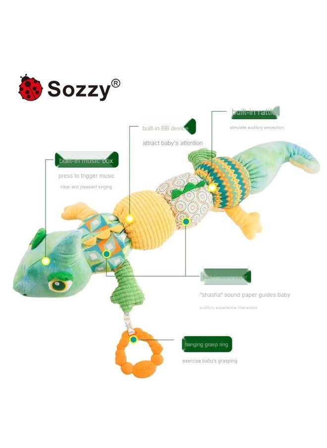 Baby Toys, Infant Stuffed Animal Musical Toy with Teether, Rattle, Textures and Crinkle - Montessori Sensory Activity Soft Height Gauge Toy for Tummy Time Newborn Babies Gifts, Chameleon