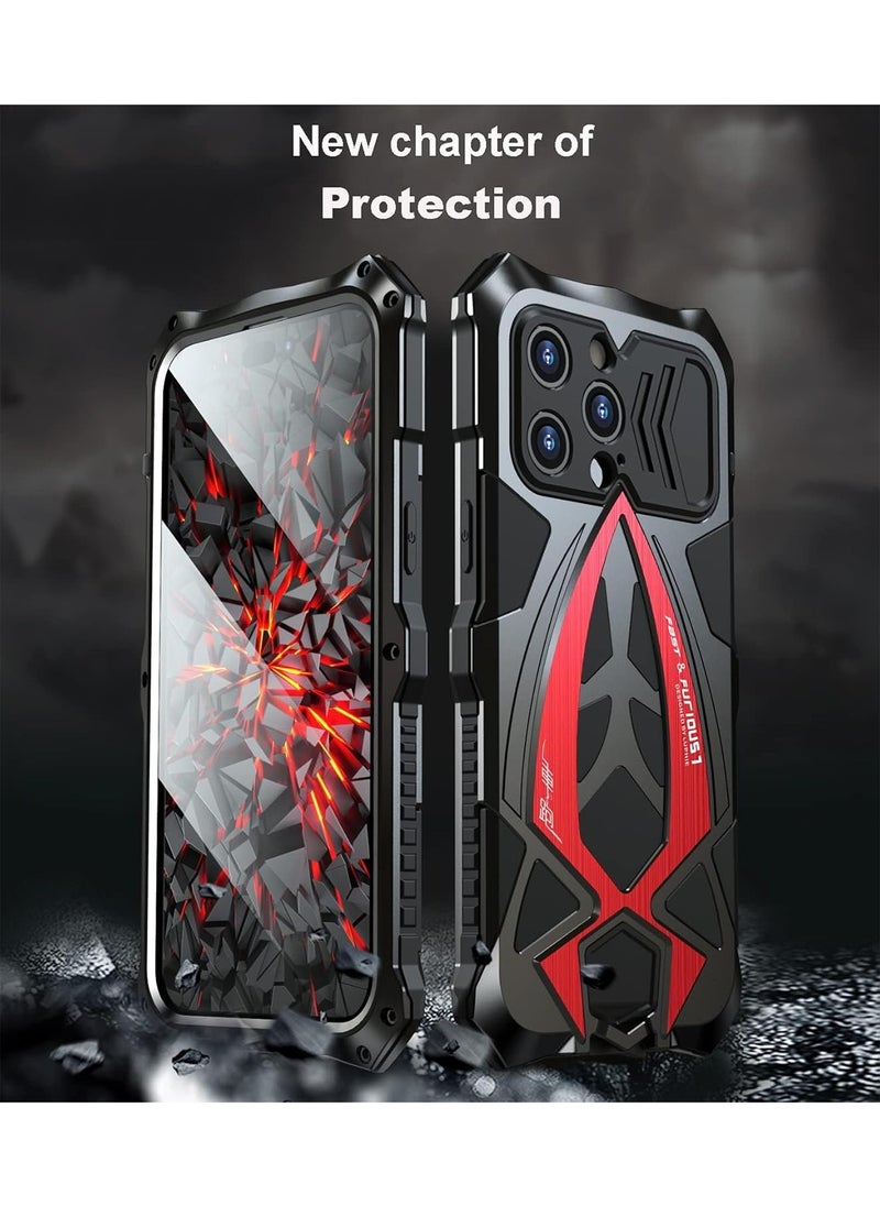 [1+1] Metal Case for iPhone 16 Pro Max, with 1 Tempered Glass Screen Protector, Mil-Aluminum Metal Shockproof Case Full Body Protection Heavy Duty Armor Hard Case (Black Red)